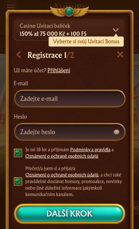 Vytvořte nový účet přímo v mobilní aplikaci kasina